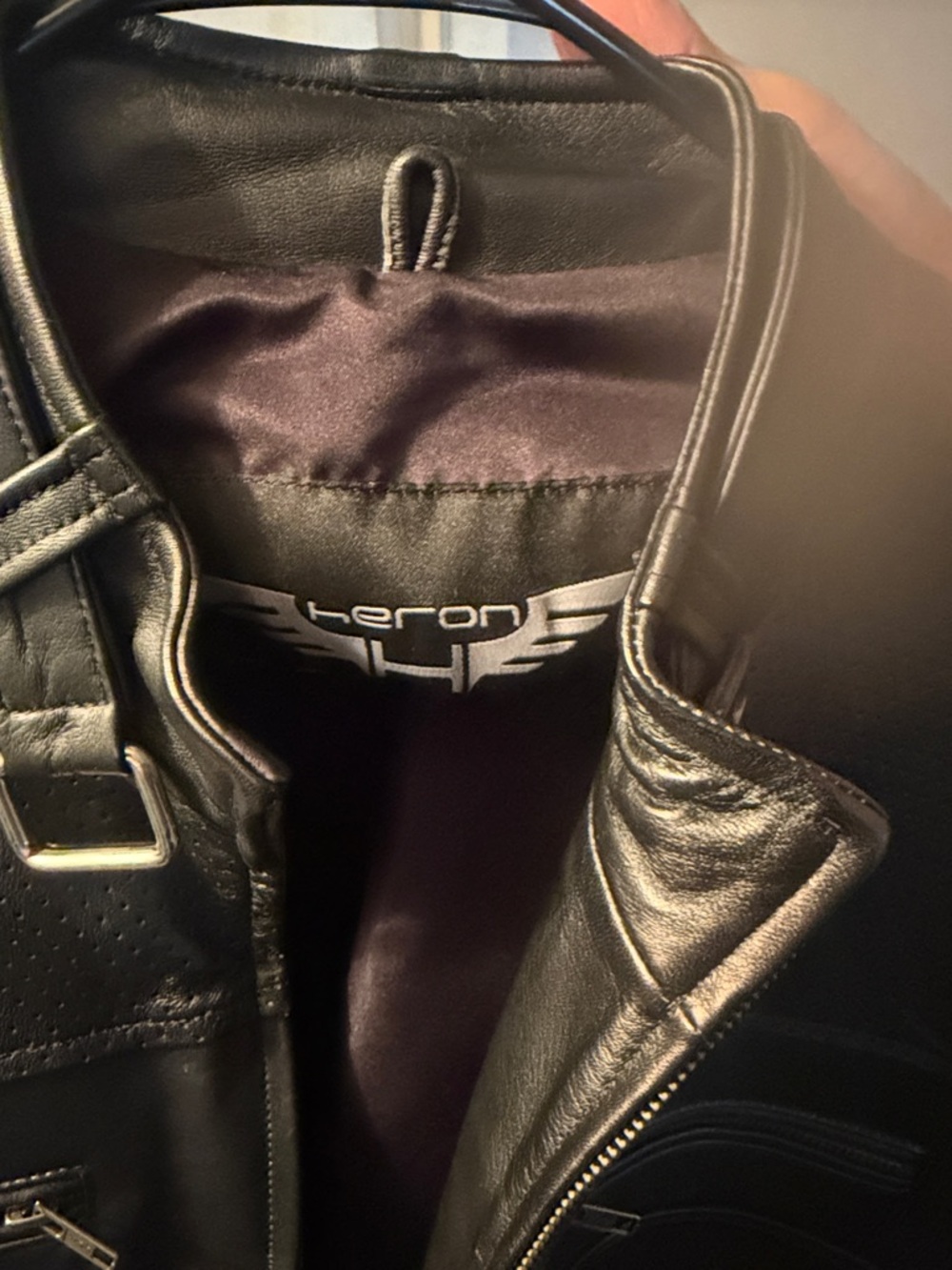 Men's Black Perforated Leather Bomber Jacket with Buckle Collar. - Picture 2 of 7